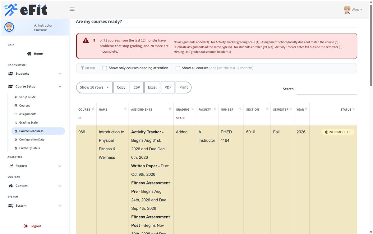 The Course Readiness page, showing a summary banner with counts by problem type and a table of courses with status badges.