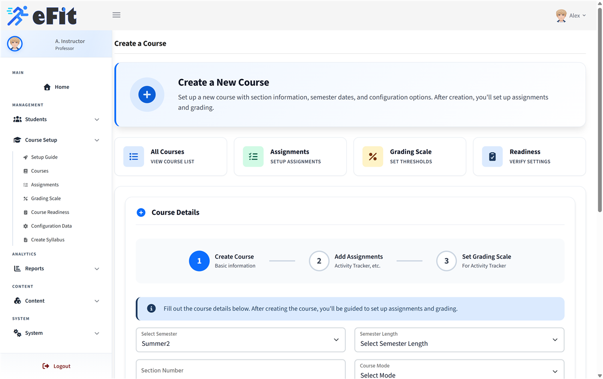 The Create a Course form, showing the three step progress indicator and the course detail fields.